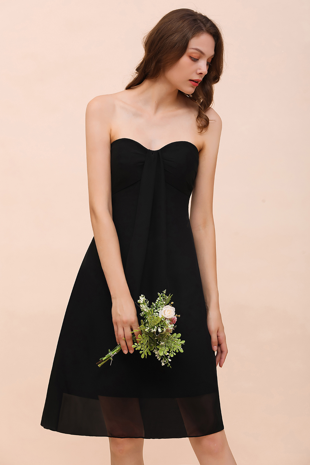 Simple Black Strapless A-line Knee-length Chiffon Backless Bridesmaid Dress