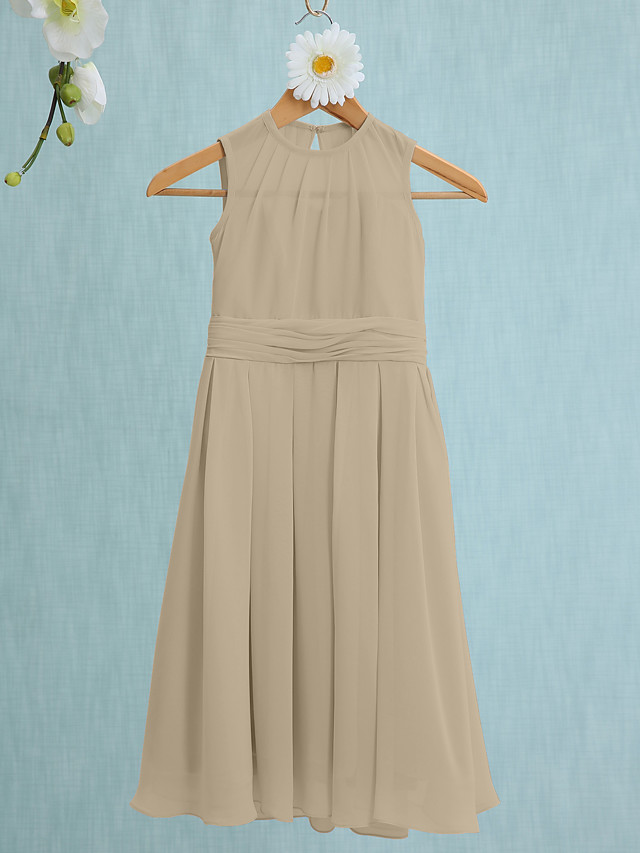 Sky Blue Long A-line Jewel Neck Knee Length Chiffon Junior Bridesmaid Dress