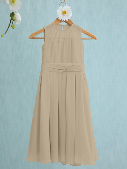 Sky Blue Long A-line Jewel Neck Knee Length Chiffon Junior Bridesmaid Dress