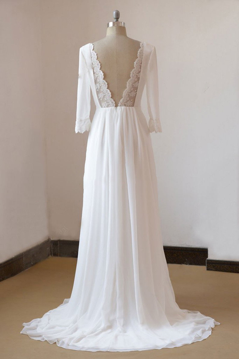A-line Backless Long Chiffon Beach Wedding Dress with