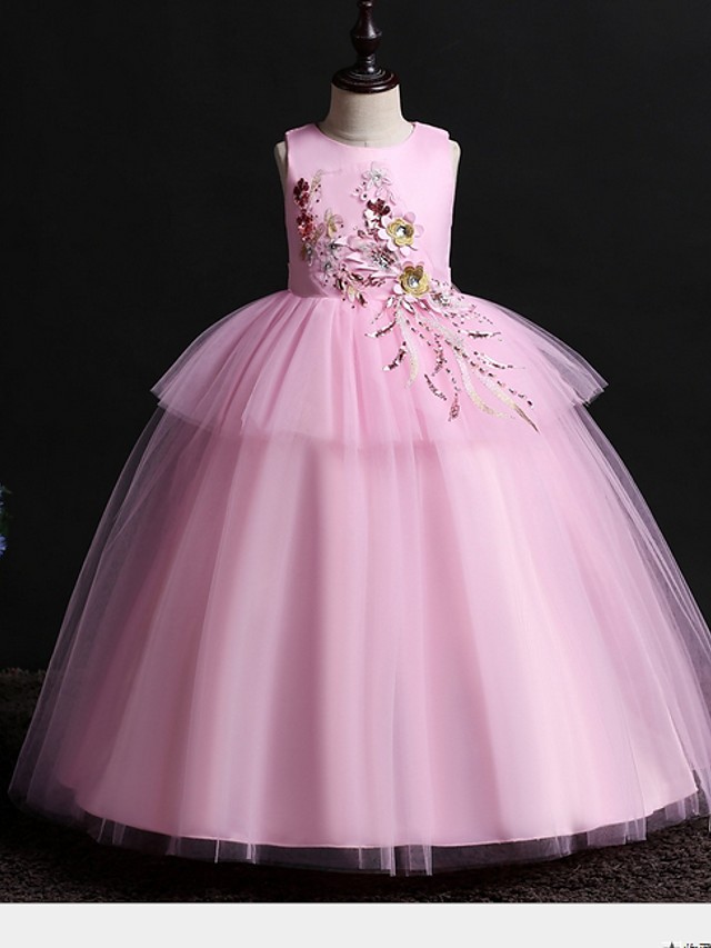 Princess / Ball Gown Floor Length Wedding / Party Flower Girl Dresses - Satin / Tulle Sleeveless Jewel Neck With Bow(S) / Appliques