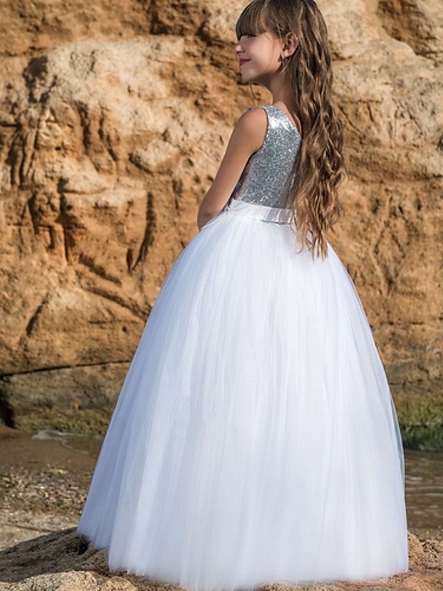 Ball Gown Floor Length Wedding / Party Flower Girl Dresses - Polyester Sleeveless Jewel Neck With Sash / Ribbon / Bow(S) / Paillette