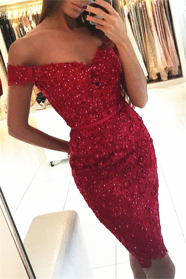 Short Mermaid Off the Shoulder Lace Burgundy Homecoming Dresses