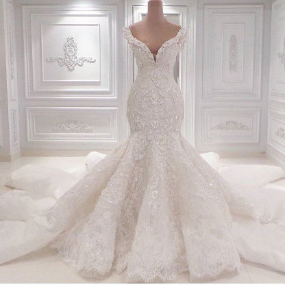 Gorgeous Long V-neck Appliques Lace Ruffles Floor-length Mermaid Wedding Dress