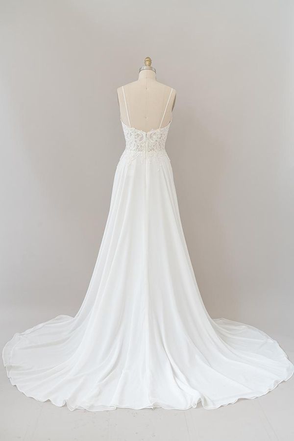 Long A-line Spaghetti Strap Appliques Chiffon Backless Wedding Dress
