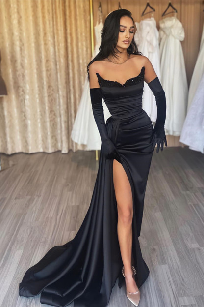 Black Long Mermaid Satin Sweetheart High Split Prom Dresses