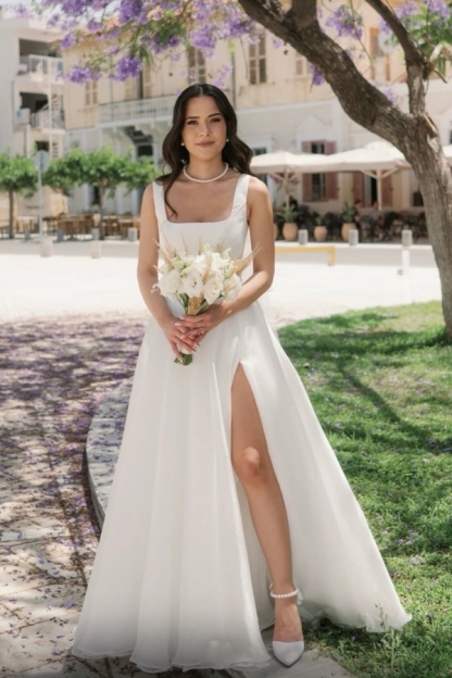 Long A-line Split Front Square Neckline Length Floor Wedding Dresses