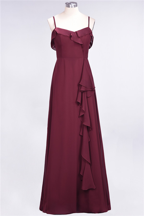 Spaghetti Straps A-Line Chiffon Backless Floor-length Prom Dress With Ruffles