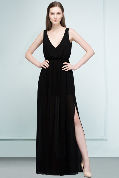 Black Long V-neck Chiffon A-line Evening Dress