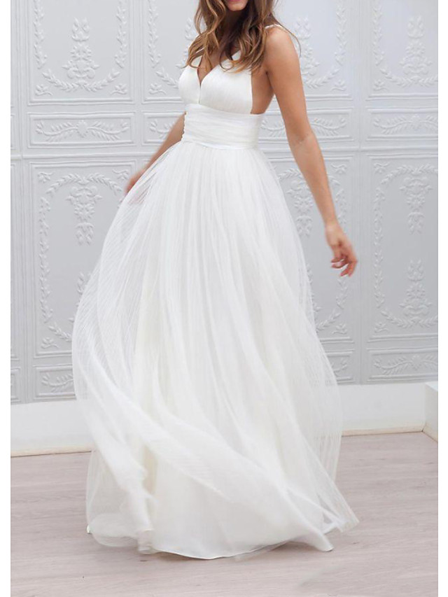 A-Line Wedding Dresses Spaghetti Strap Plunging Neck Floor Length Taffeta Tulle Chiffon Over Satin Sleeveless Country Plus Size
