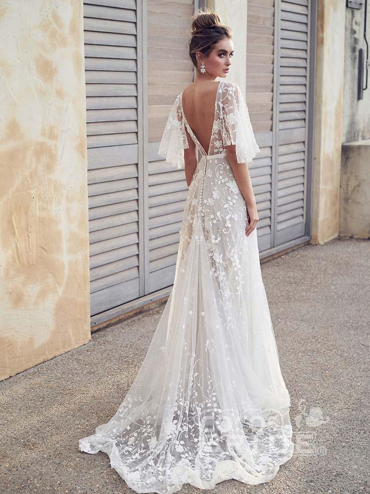 Long A-line V Neck Half Sleeves Lace Backless Boho Wedding Dresses