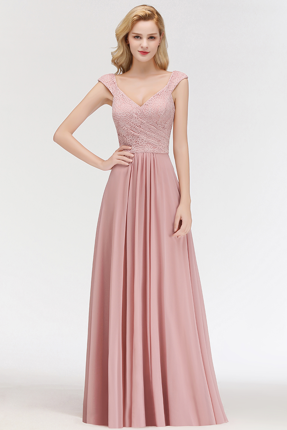 A-line Long V-neck Sleeveless Lace Chiffon Bridesmaid Dresses