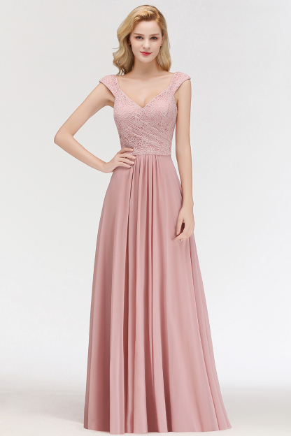 A-line Long V-neck Sleeveless Lace Chiffon Bridesmaid Dresses