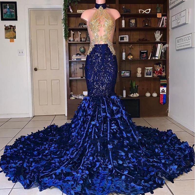 Royal Blue Mermaid African Sexy Beaded See Through Prom Dress