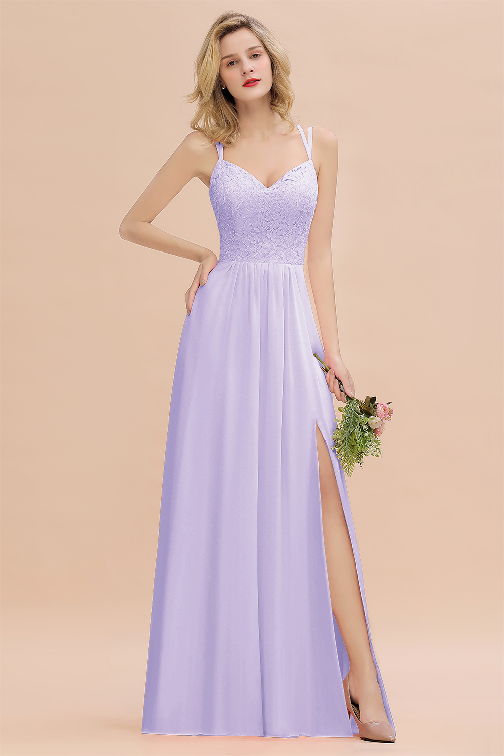 Beautiful A-Line Chiffon Spaghetti Straps Sweetheart Floor Length Split Bridesmaid Dress