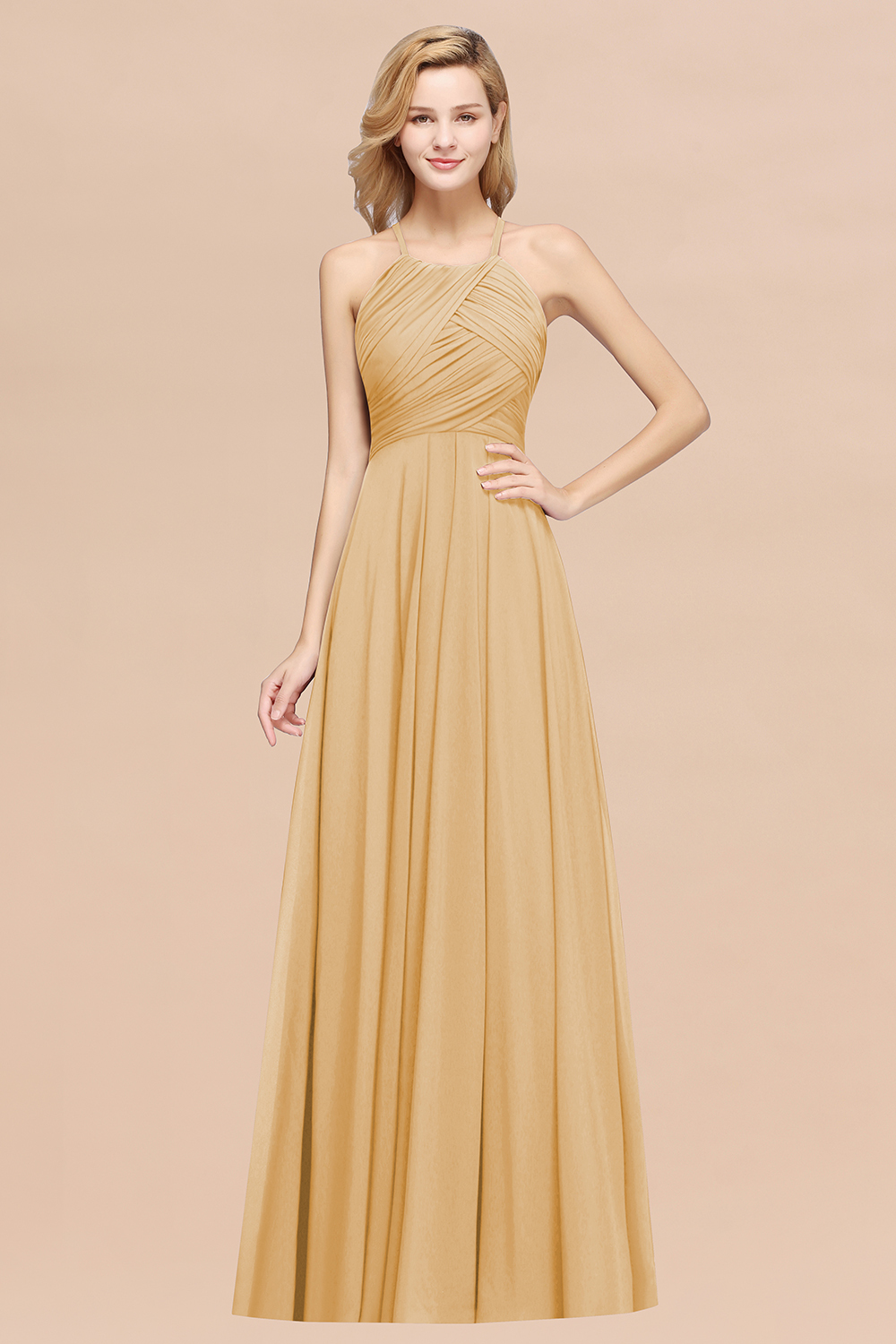 A-Line Chiffon Halter Ruffles Floor-Length Bridesmaid Dress
