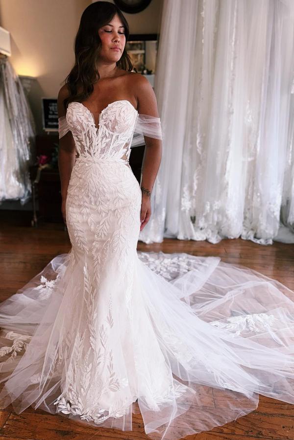 Mermaid Off-the-Shoulder Sweetheart Tulle Lace Long Wedding Dress with Appliques