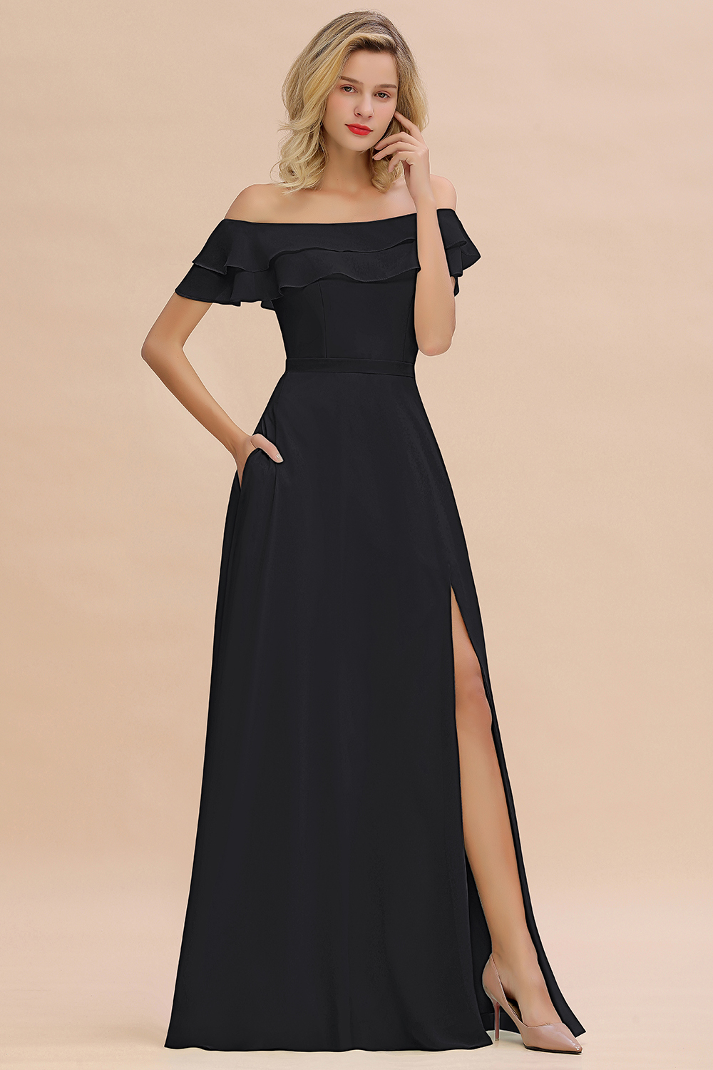 Off-the-Shoulder Front Slit Mint Green Long Bridesmaid Dress