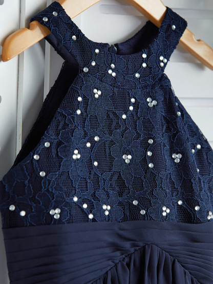 Long A-line Jewel Neck Chiffon Junior Bridesmaid Dress Dark Navy Wedding Party Dresses