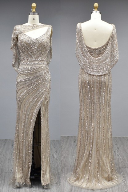 Elegant Long Mermaid V-neck Glitter Formal Prom Dresses with Slit