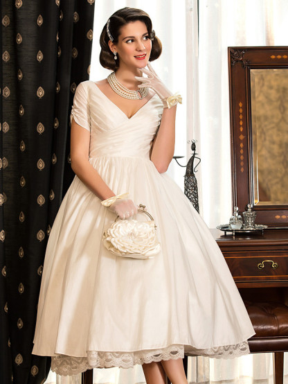 Short A-Line V Neck Tea Length Taffeta Wedding Dresses with Short Sleeve
