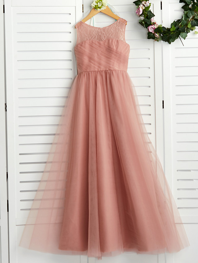 Long Crew Neck Tulle Junior Bridesmaid Dress A-line Flower Girl Dresses