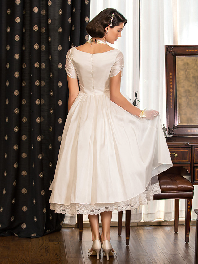 Short A-Line V Neck Tea Length Taffeta Wedding Dresses with Short Sleeve