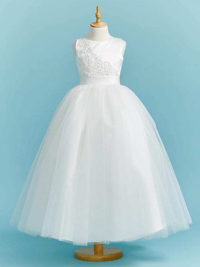 Ball Gown Crew Neck Floor Length Lace / Tulle Junior Bridesmaid Dress With Sash / Ribbon / Pleats / Beading