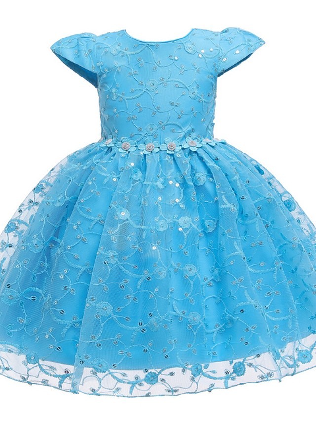 Princess / Ball Gown Knee Length Wedding / Party Flower Girl Dresses - Tulle Cap Sleeve Jewel Neck With Sash / Ribbon / Bow(S) / Embroidery
