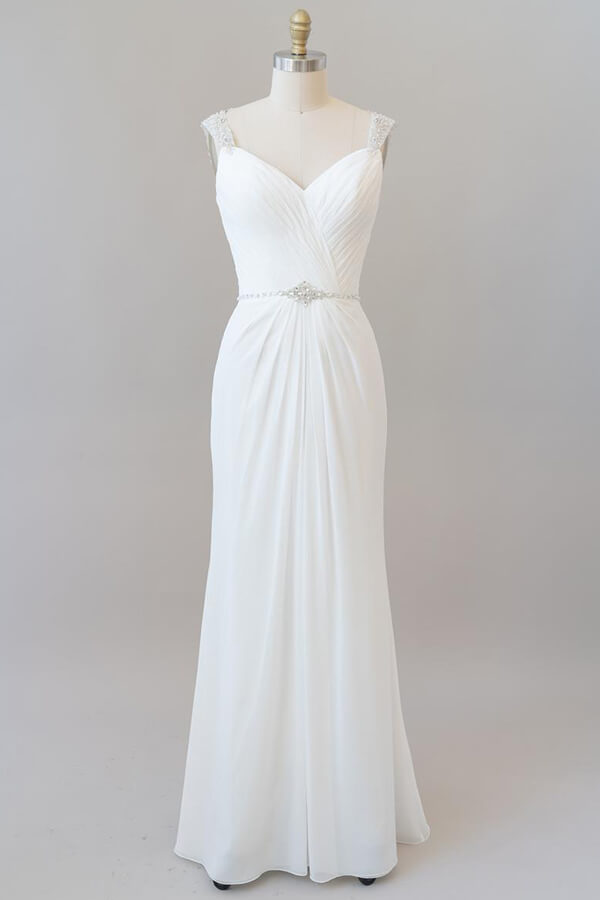 Elegant Ruffle Beading Chiffon Sheath Wedding Dress