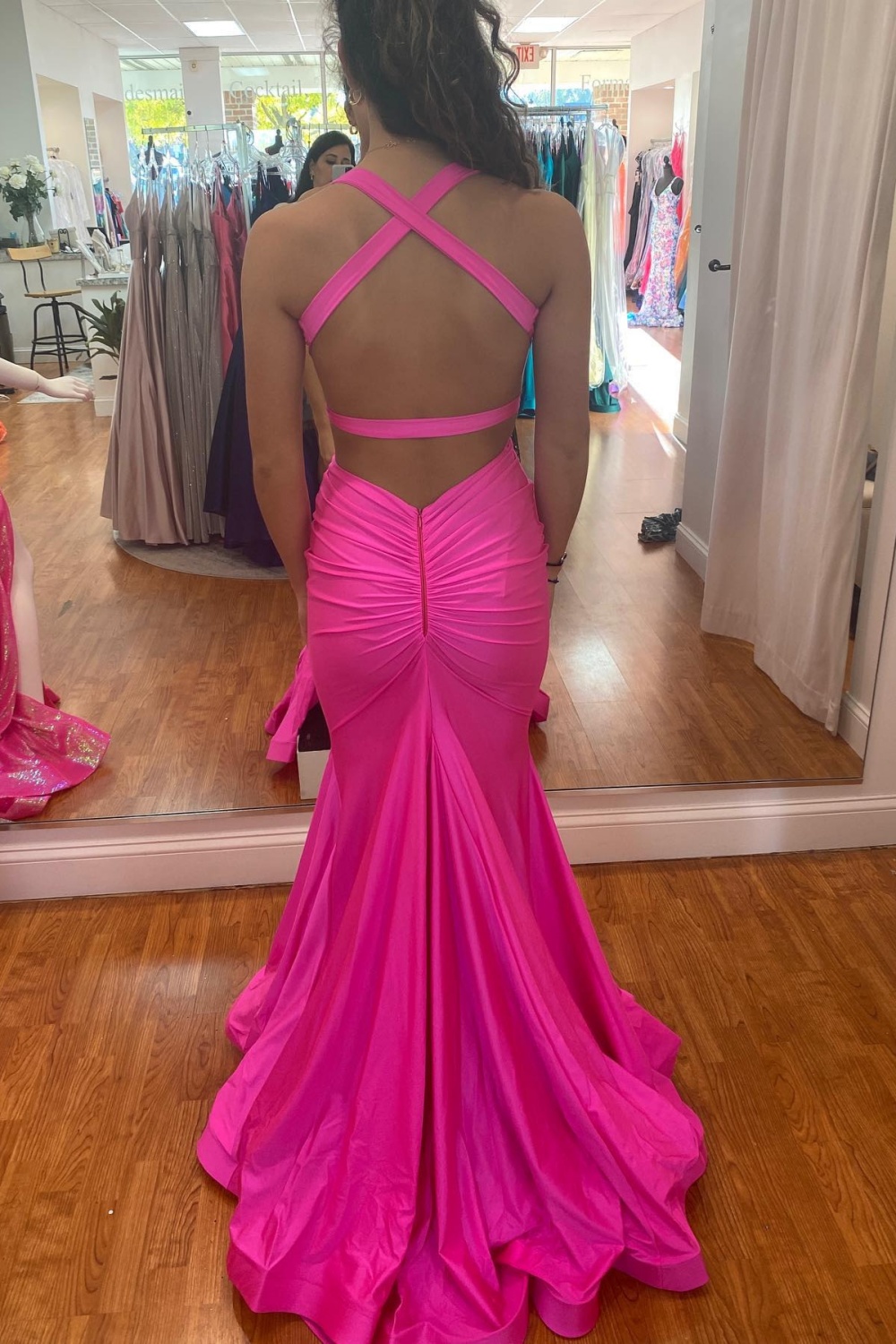 Modest Long Mermaid Halter V-neck Satin Open Back Prom Dress