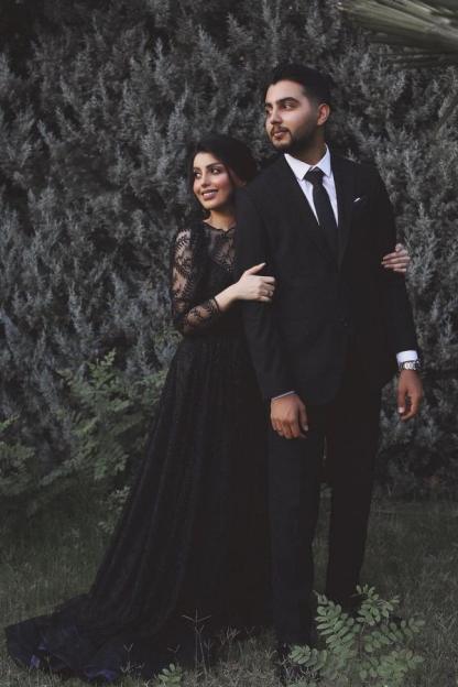 Black Long A-line Tulle Lace Wedding Dress with Sleeves
