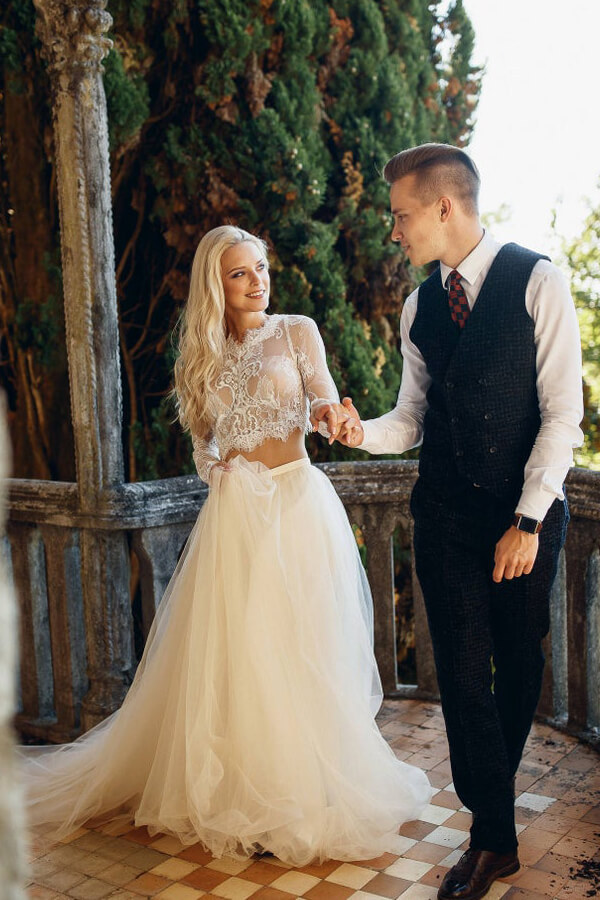 Long Sleeve A-line Lace Tulle Two Piece Wedding Dress