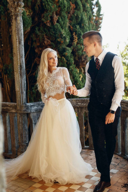 Long Sleeve A-line Lace Tulle Two Piece Wedding Dress