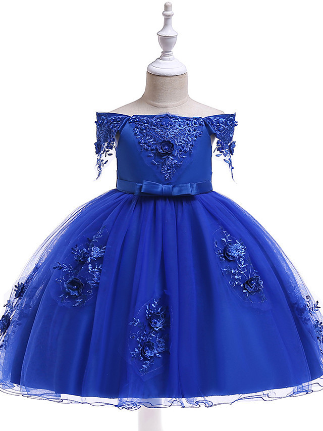 Princess Above Knee Wedding / Party / Pageant Flower Girl Dresses - Satin / Tulle Short Sleeve Off Shoulder With Lace / Beading / Appliques