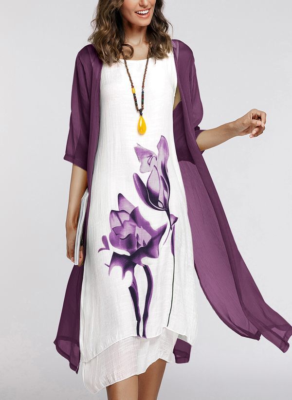 Floral Wrap Round Neckline Midi X-line Dress