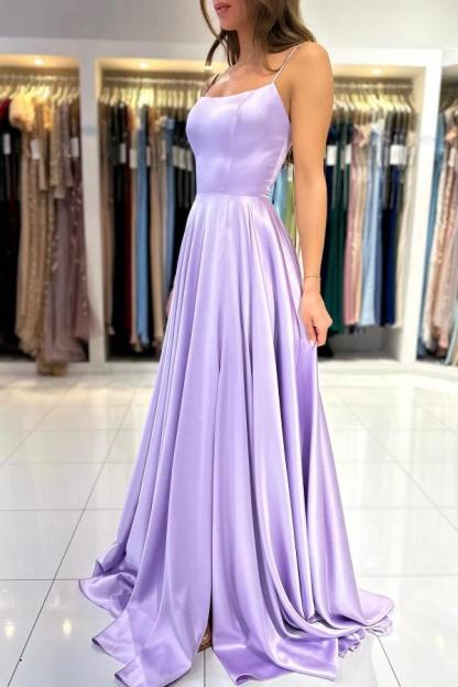 Simple Long A-line Spaghetti Straps Satin Backless Prom Dresses