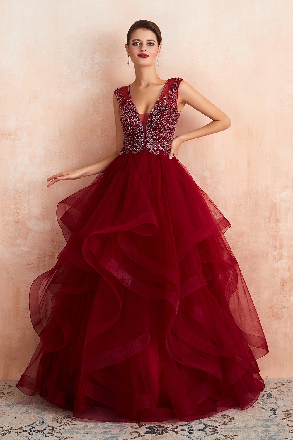 Long V-neck Tulle A-line Beaded Burgundy Formal Evening Dresses