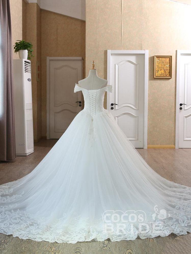 Elegant Long A-line Off the Shoulder Tulle Appliques Lace Wedding Dresses