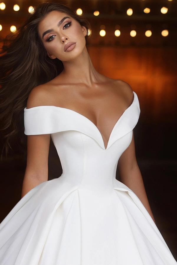 Elegant White Ball Gown V-Neck Off-the-shoulder Satin Long Wedding Dresses