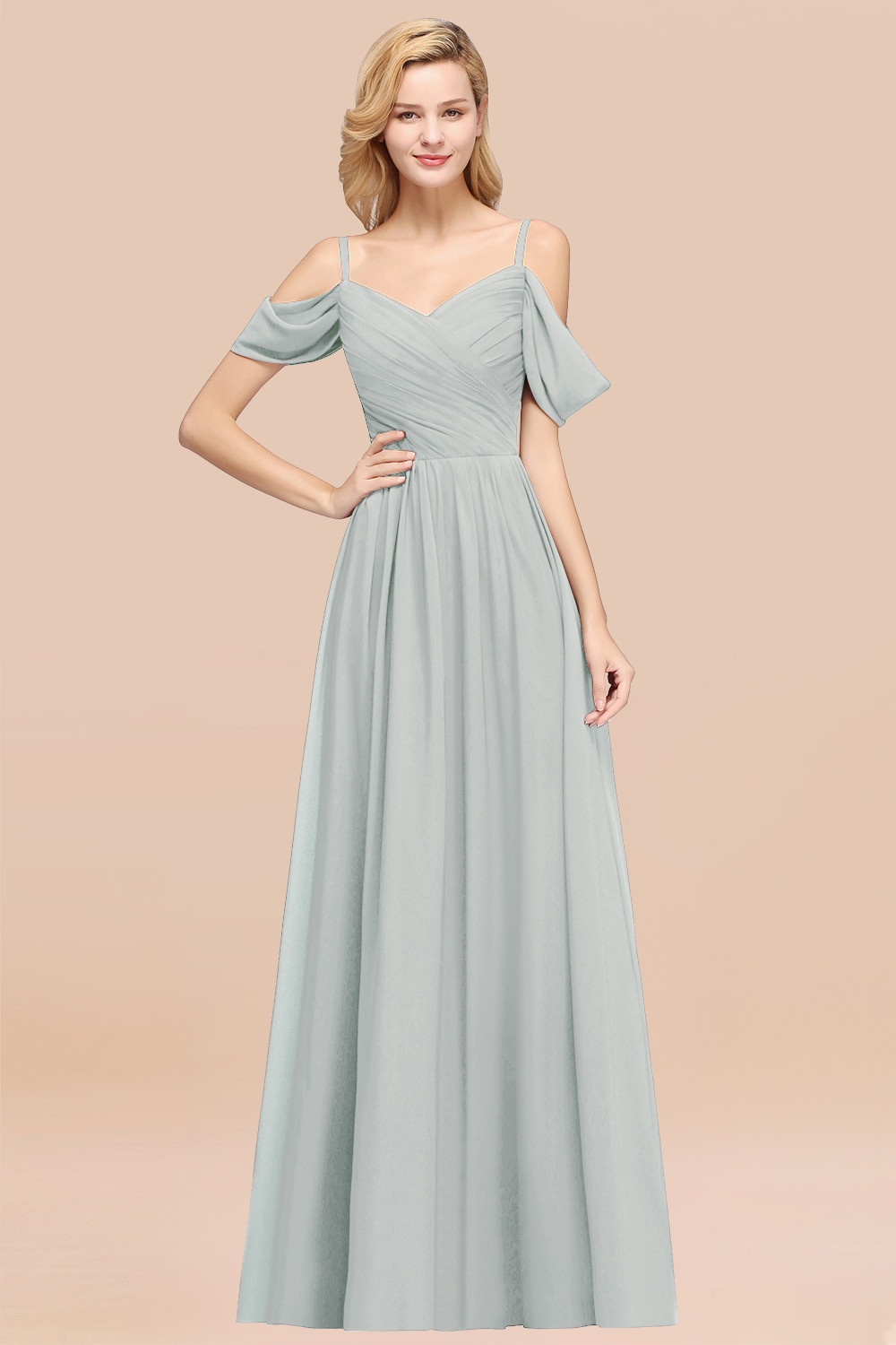 A-Line Chiffon V-Neck Spaghetti Straps Short-Sleeves Floor-Length Bridesmaid Dresses with Ruffles