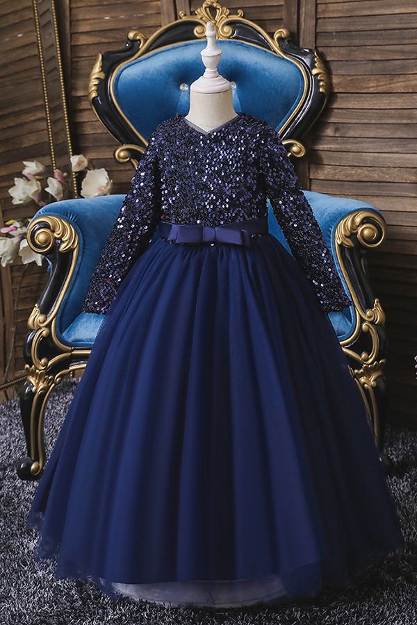 FS9973 Long Sleeve Sequins Burgundy Flower Girl Dress