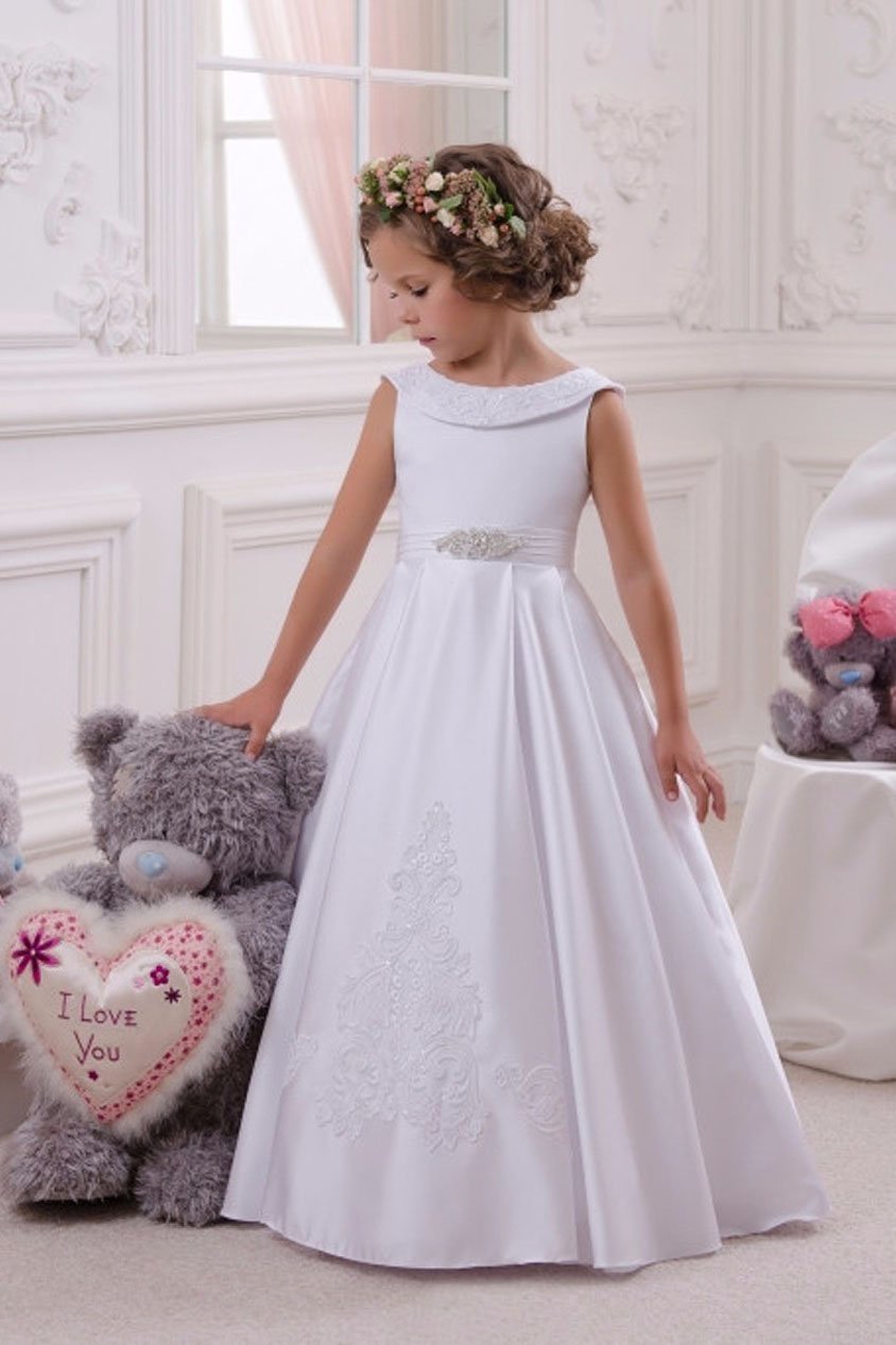 White Scoop Neck Sleeveless Ball Gown Flower Girls Dress