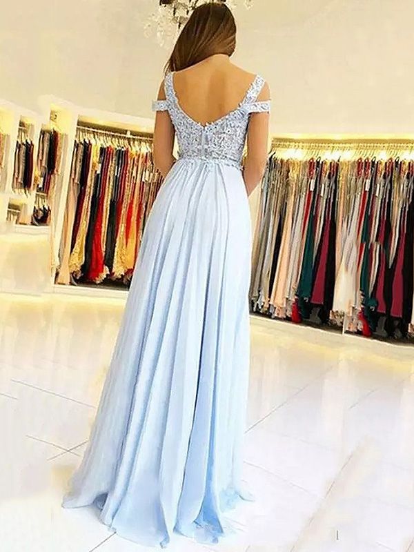 Chic Sky Blue Long Sweetheart Chiffon A-line Prom Dresses with Slit