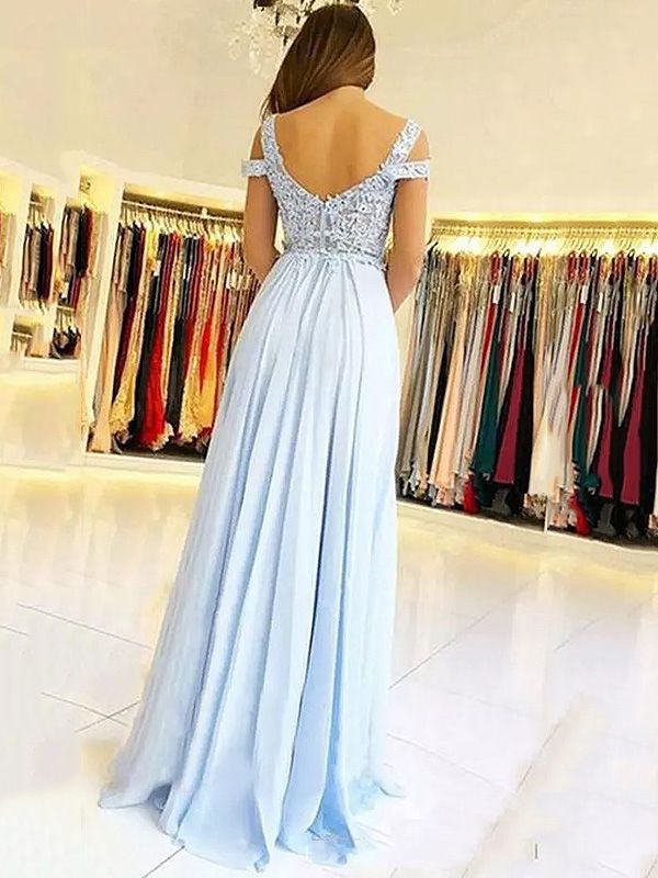 Chic Sky Blue Long Sweetheart Chiffon A-line Prom Dresses with Slit