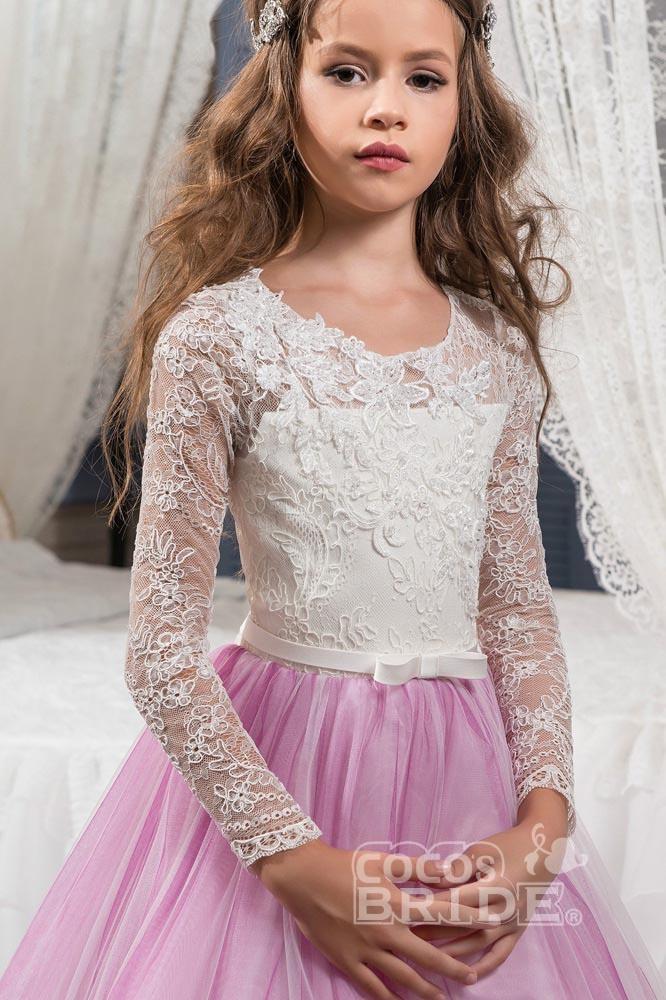 Scoop Neck Long Sleeves Ball Gown Flower Girls Dress