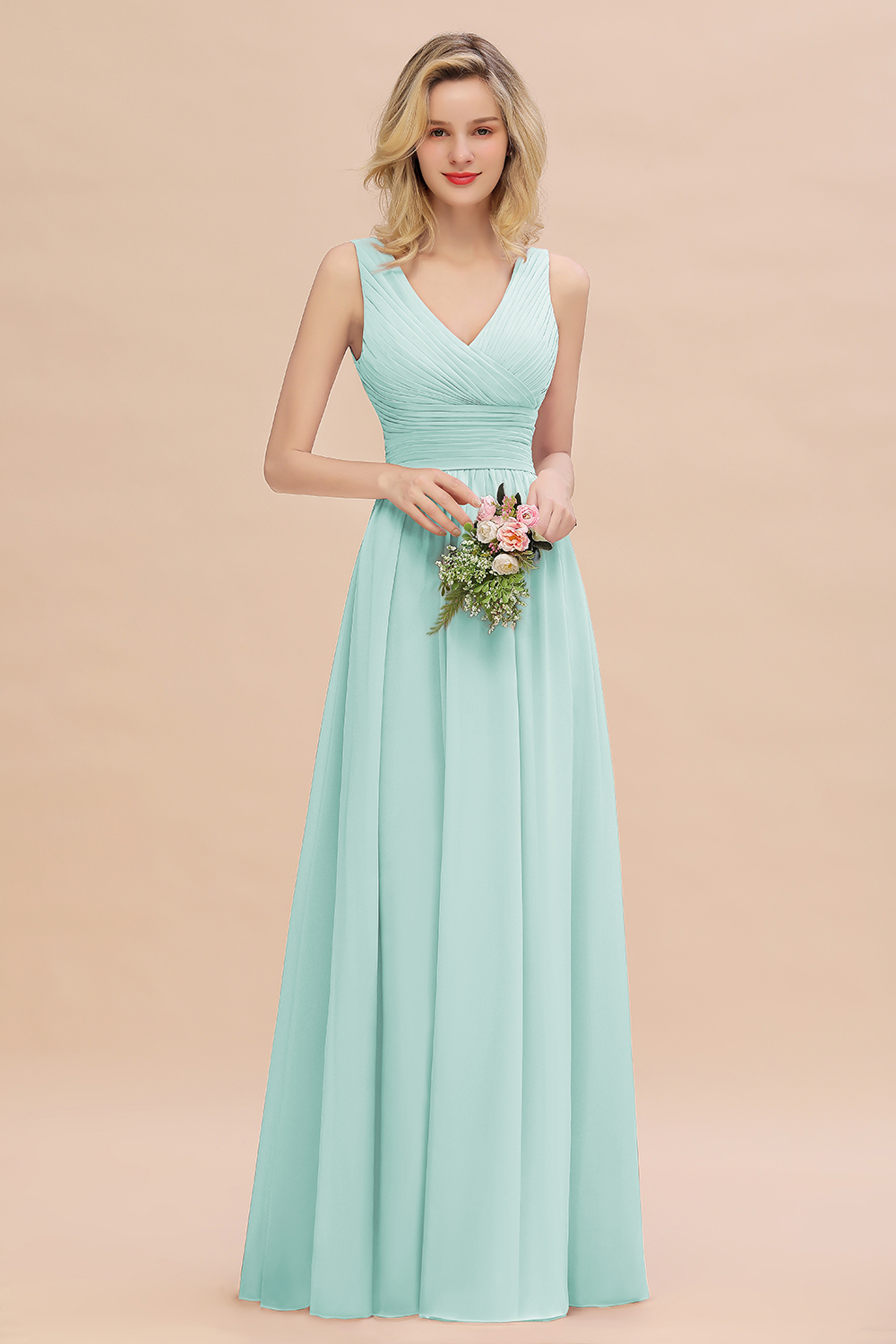 Elegant A-line V-Neck Ruffles Long Bridesmaid Dress
