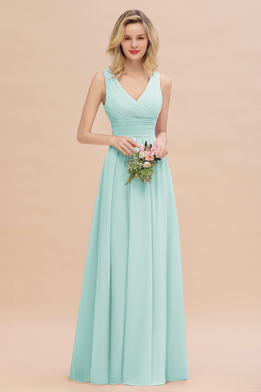 Elegant A-line V-Neck Ruffles Long Bridesmaid Dress