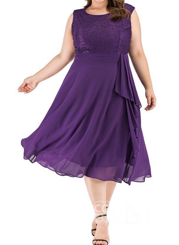 Dark Blue Plus Size Solid Round Neckline Casual Midi X-line Dress Plus Dress