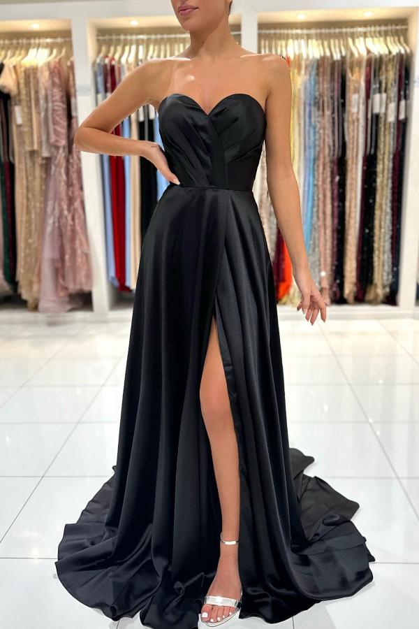 Simple Black Long A-line Sweetheart Satin Prom Dress with Slit  COCOSBRIDE